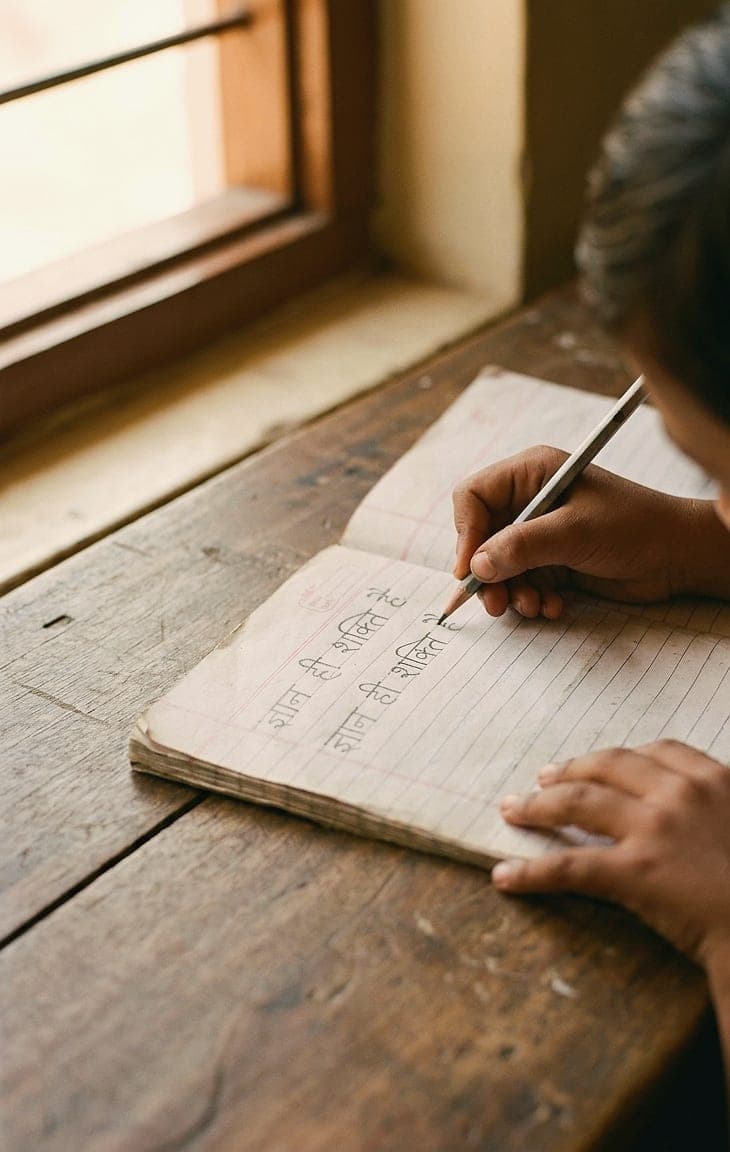 A child's hands writing Devanagari script in a lined exercise notebook