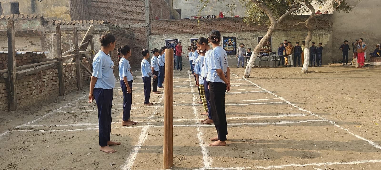 Lining up in the yard before the sports meet