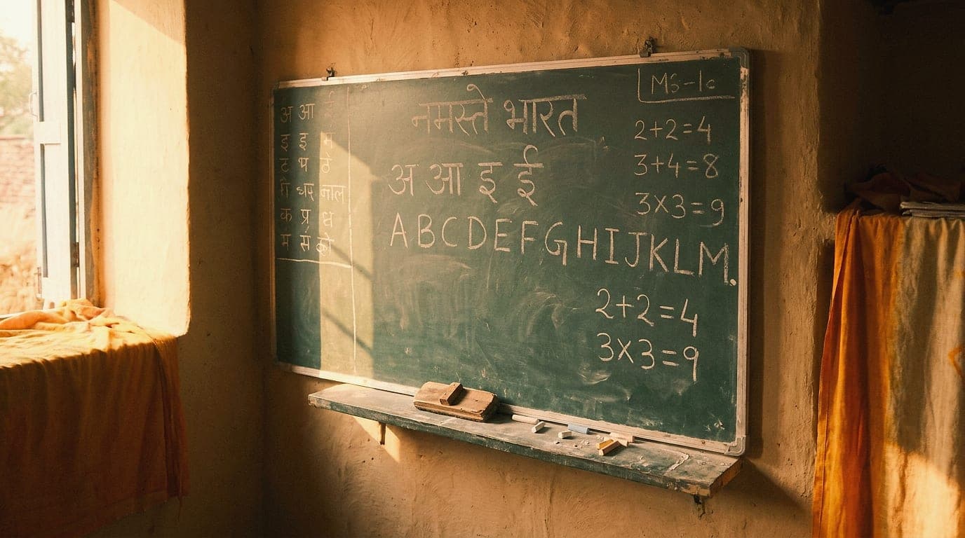 A green chalkboard covered in Devanagari letters, the English alphabet and arithmetic sums